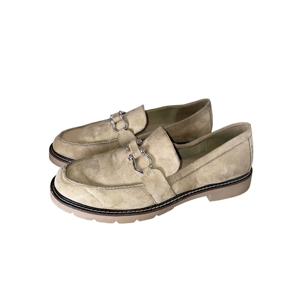 Anne Klein Ezra Tan Beige Fabric Suede Horsebit Loafers Lug Sole AKEZRA 8M